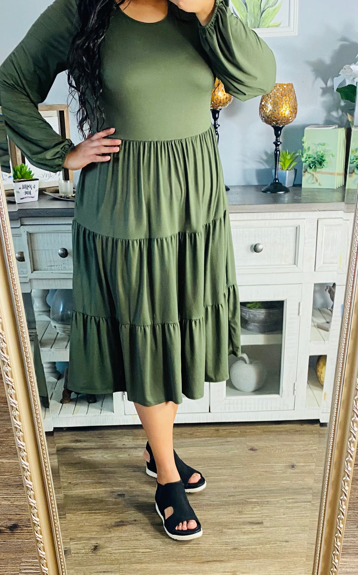 Dark Olive Tiered Dress