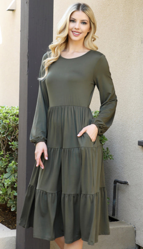 Dark Olive Tiered Dress