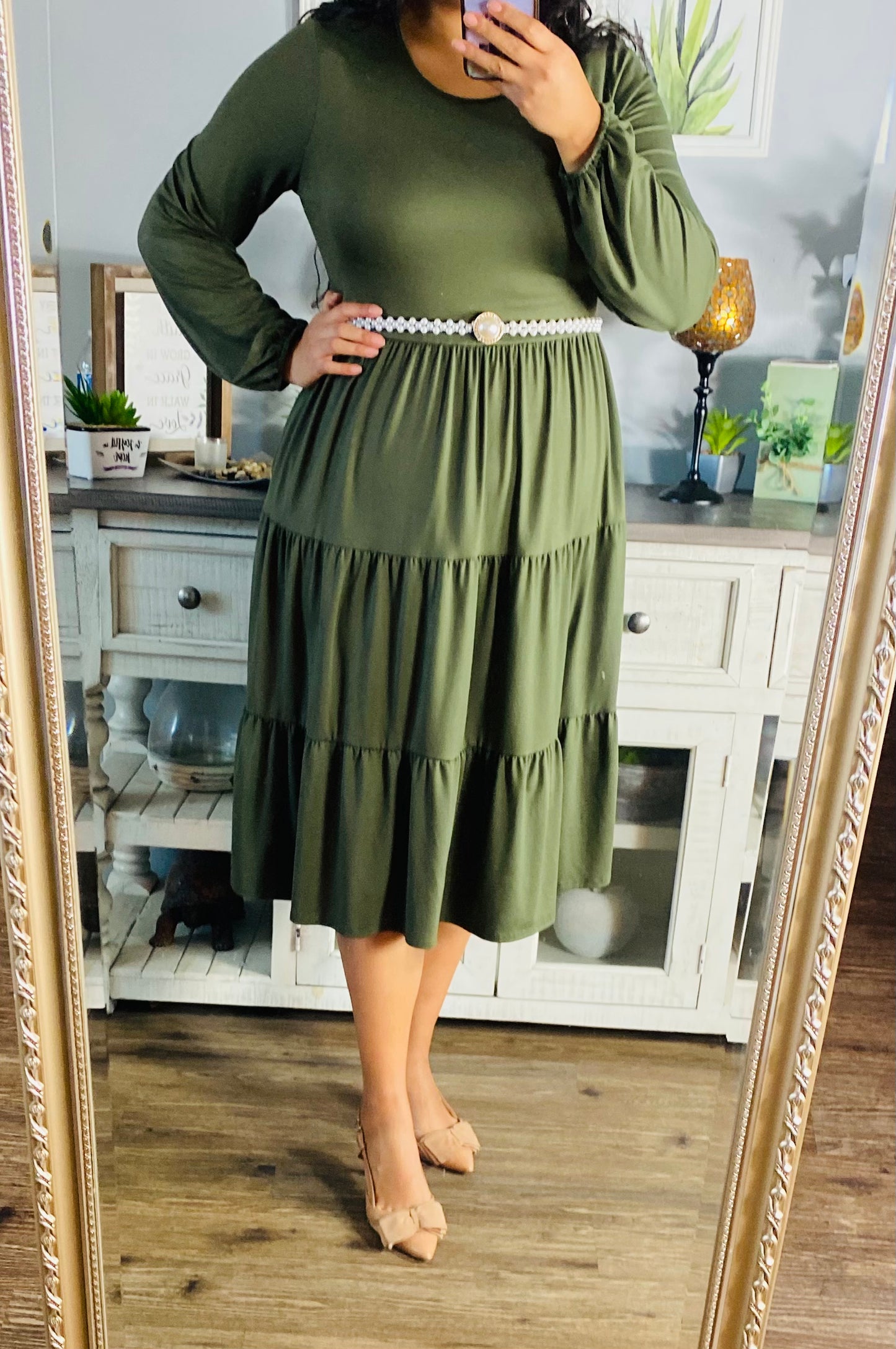 Dark Olive Tiered Dress