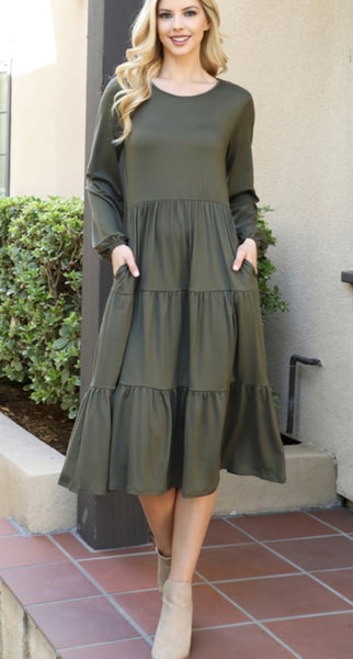 Dark Olive Tiered Dress