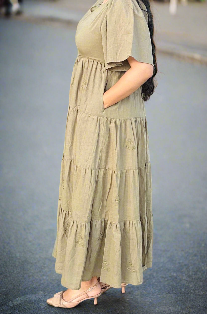 Olive embroidery maxi dress