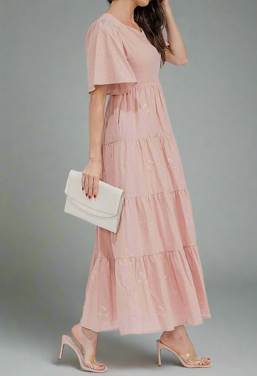 Mauve Embroider Tiered Dress