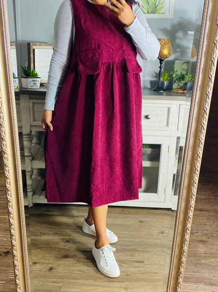 Wine Corduroy Overall Dress