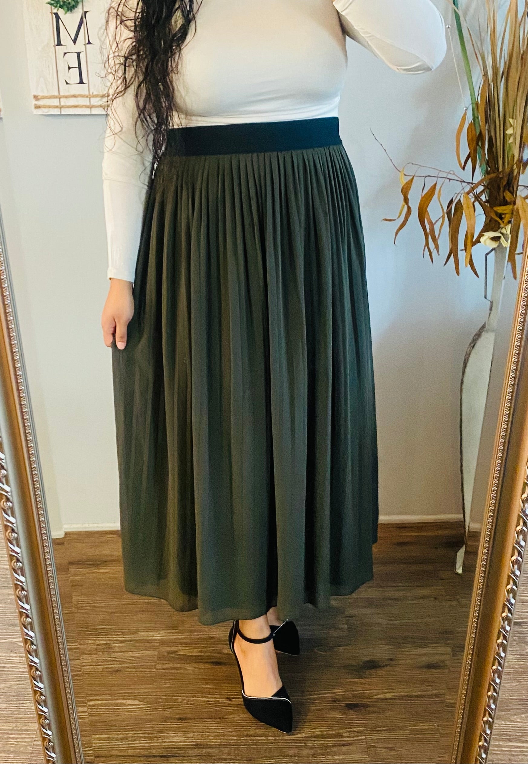 Dark Olive Pleated Maxi Skirt