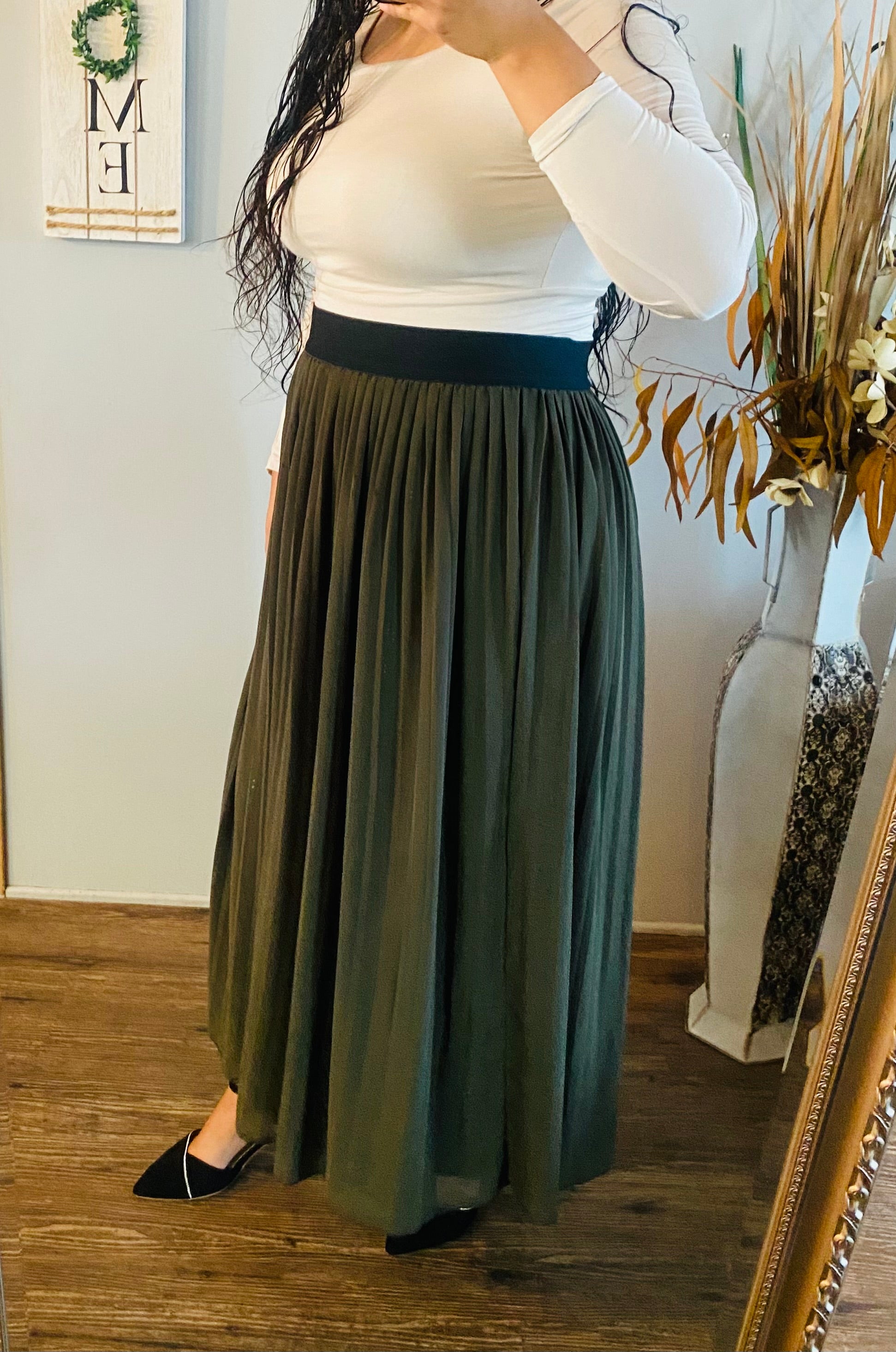 Dark Olive Pleated Maxi Skirt