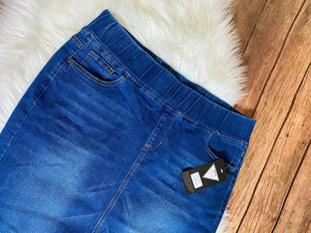Elastic Midi Denim Skirt