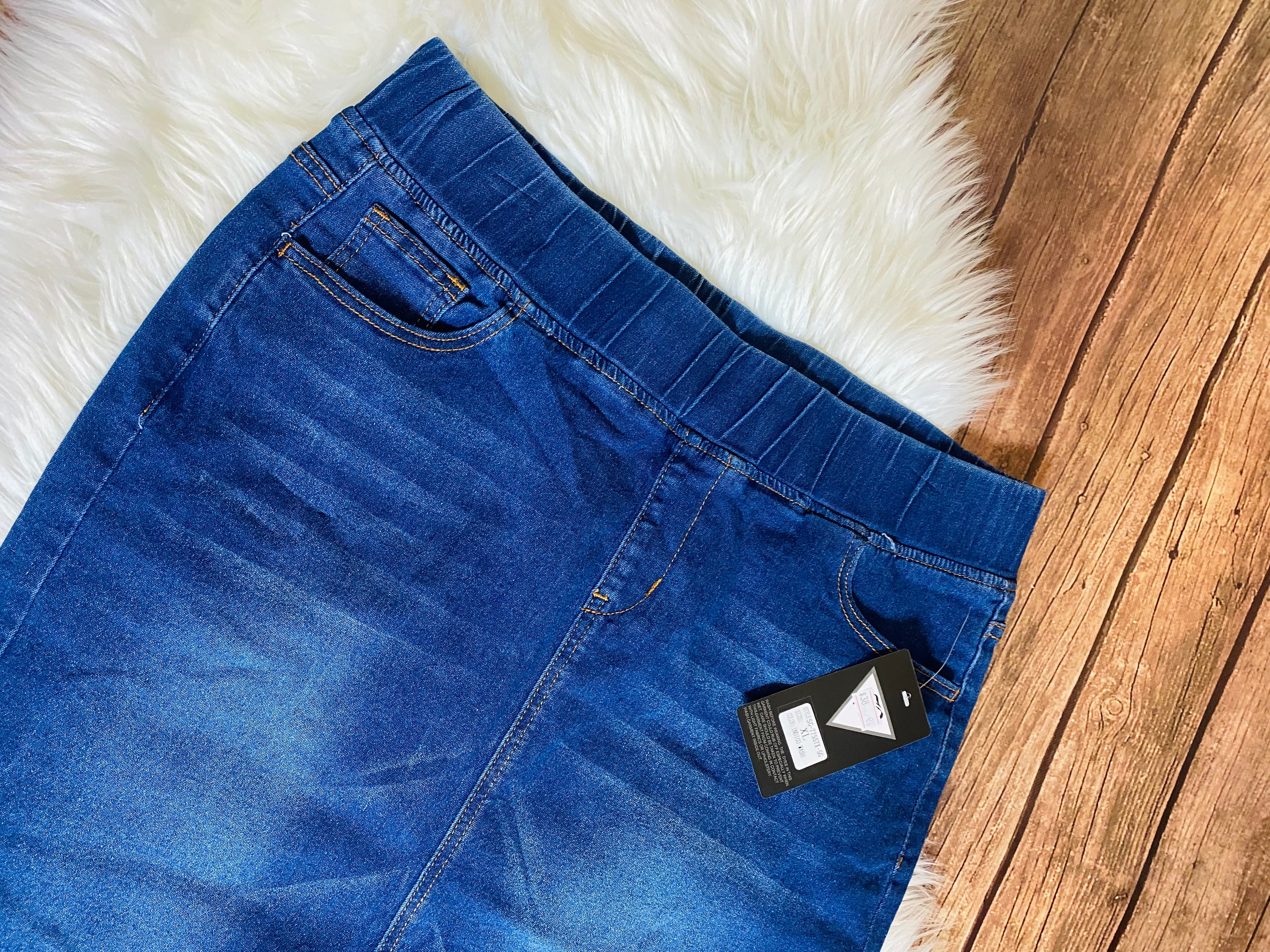 Elastic Midi Denim Skirt