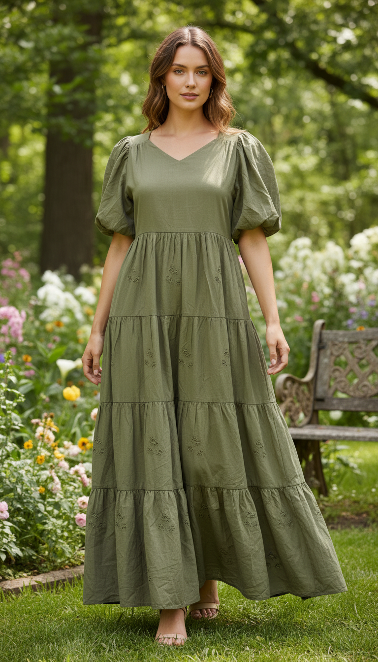 Olive embroidery maxi dress