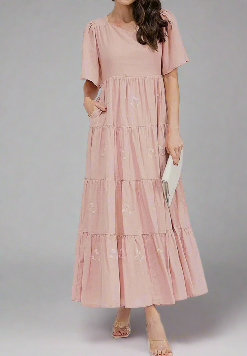 Mauve Embroider Tiered Dress