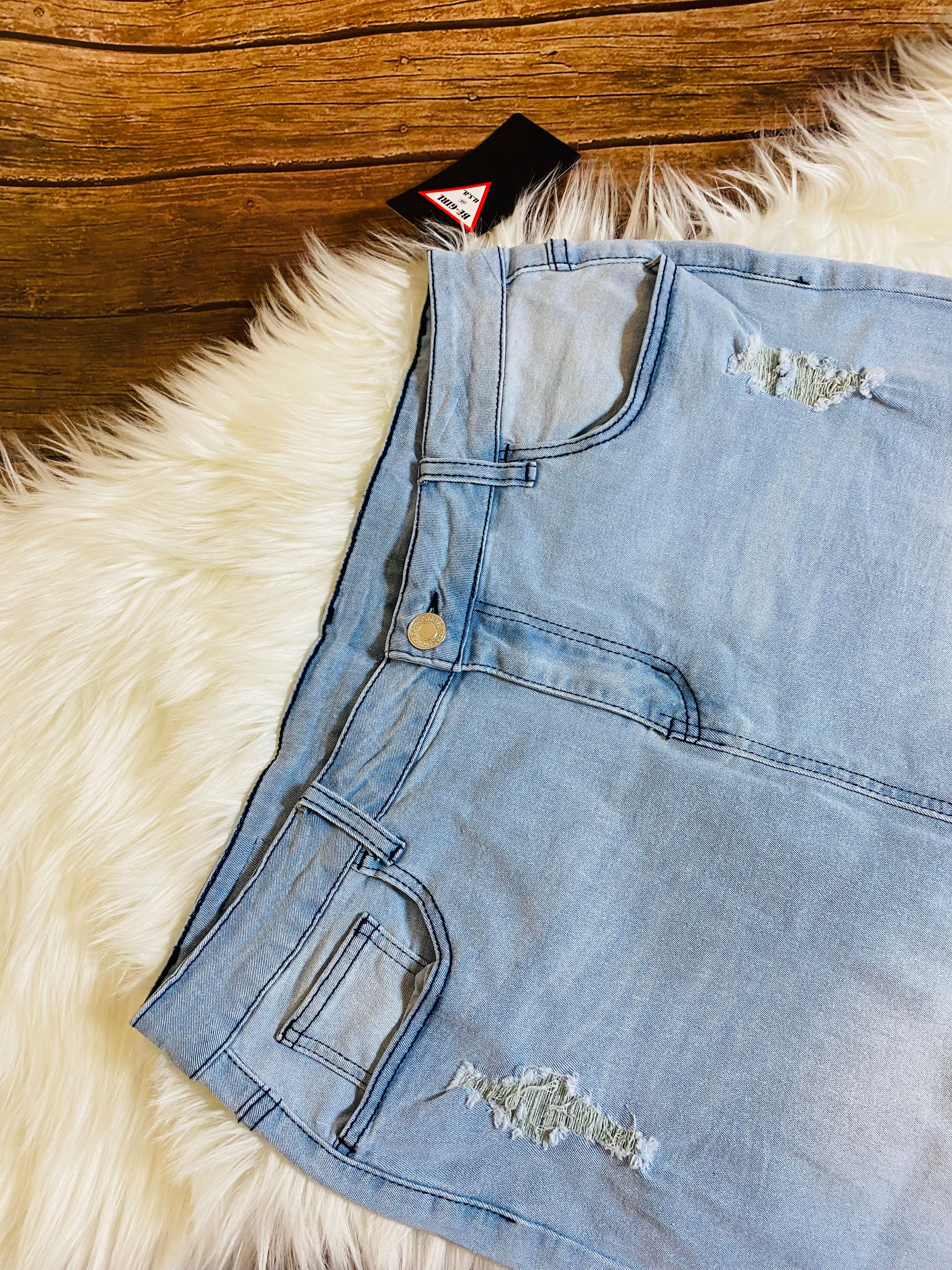 Distressed Light Blue Denim Skirt