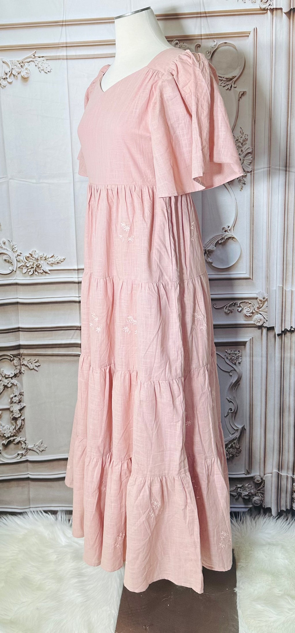 Mauve Embroider Tiered Dress