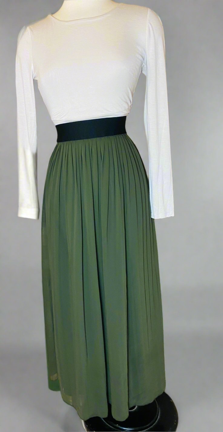 Dark Olive Pleated Maxi Skirt