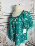 Resale Brands Embroidered Teal Square-Neck Peasant Blouse