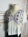 Resale Brands White Embroidered V-Neck Peasant Blouse with Purple Accents