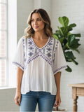 Resale Brands White Embroidered V-Neck Peasant Blouse with Purple Accents