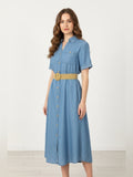 Resale Brands Blu Pepper Light Blue Button-Front Midi Dress with Tan Belt