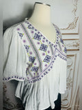 Resale Brands White Embroidered V-Neck Peasant Blouse with Purple Accents