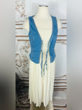 Blue Denim Tie-Front Vest with Cream Maxi Skirt - Unknown Brand