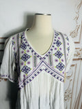 Resale Brands White Embroidered V-Neck Peasant Blouse with Purple Accents