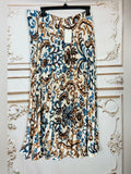 Resale Brands Skies Are Blue Pleated Maxi Skirt in Blue and Brown Floral Print