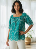 Resale Brands Embroidered Teal Square-Neck Peasant Blouse