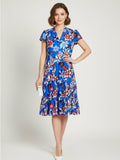 Resale Brands Jude Connally Royal Blue Floral Wrap-Style Midi Dress