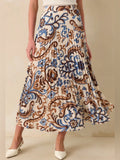 Resale Brands Skies Are Blue Pleated Maxi Skirt in Blue and Brown Floral Print