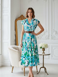 Resale Brands Calvin Klein Blue & Green Floral V-Neck Maxi Dress comes with belt.