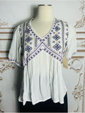 Resale Brands White Embroidered V-Neck Peasant Blouse with Purple Accents