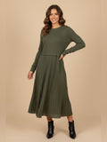 Resale Brands Skies Are Blue Olive Ribbed Knit Pleated Midi Dress